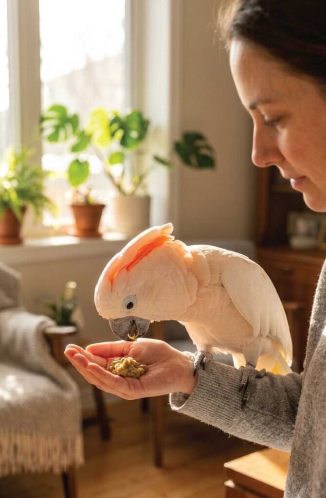 Parrot in hormonal breeding behavior, regurgitating food for its owner's hand in a sunlit room