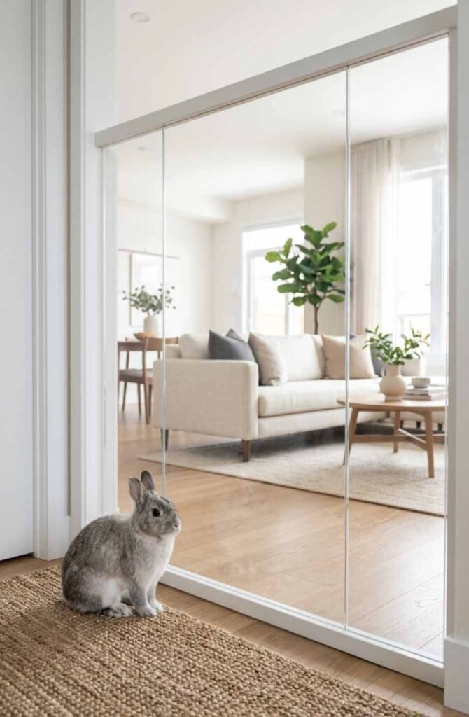 Rabbit next to a clear acrylic pet gate dividing a modern open-concept room