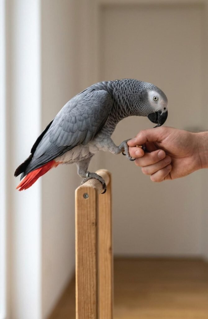 Parrot stepping calmly onto a new person's hand in a neutral room during a socialization training session