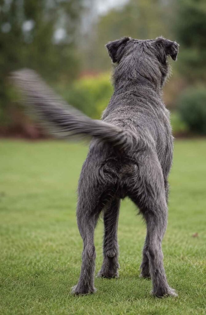 A vertical studio photograph shot from behind a dog with dark, wiry fur. The dog is focused forward, and its tail is wagging dramatically, with a distinct, repeated swing bias bias far to the dog's left side, illustrating conflict or threat perception.