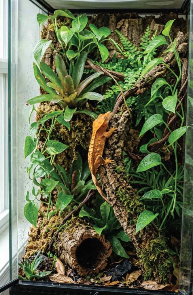 Vertical crested gecko terrarium with tropical plants, cork bark, and rainforest styling.