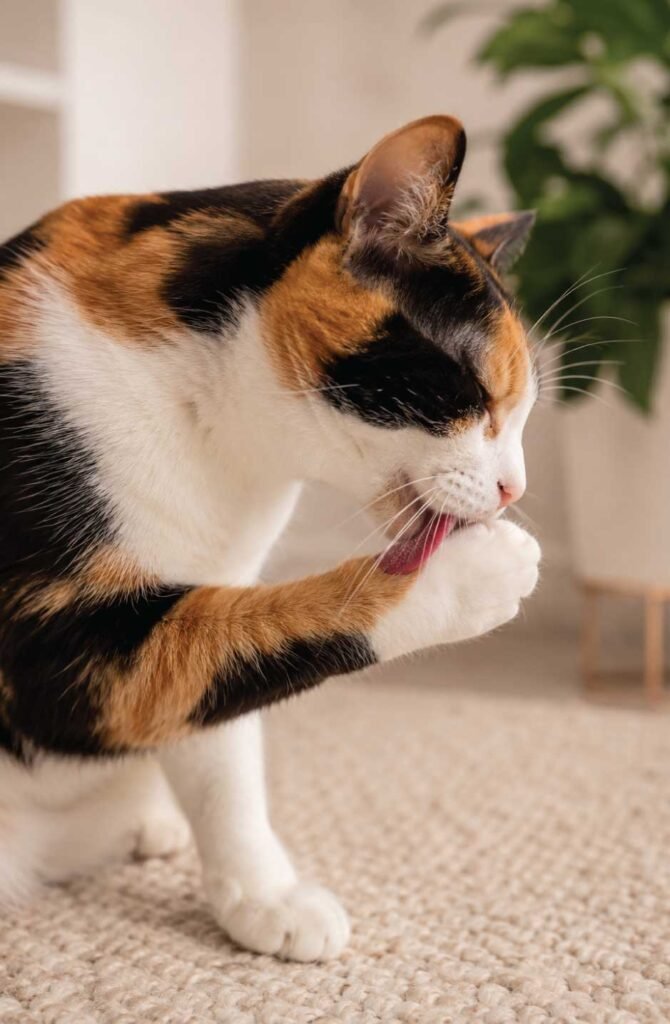 : Side view of a calico cat sitting on a cream rug, intently licking its front leg joint.