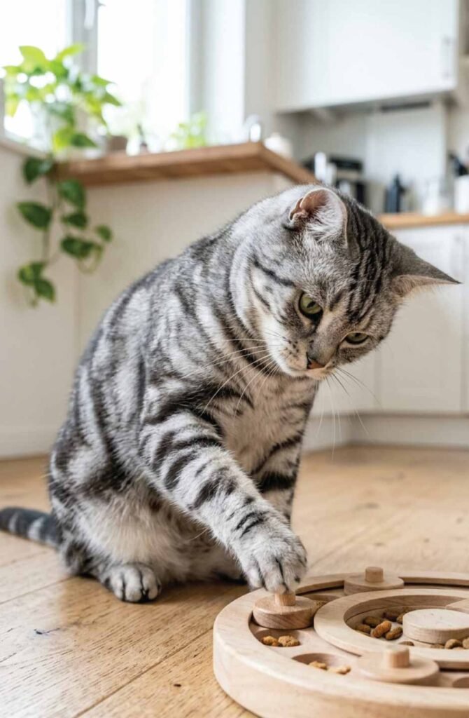 Silver tabby cat solving a puzzle feeder toy on kitchen floor, Air sign cat personality Gemini Libra Aquarius
