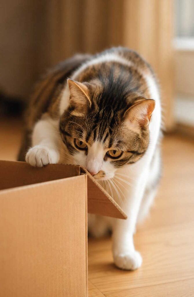 Rescue cat sniffing a cardboard box, how to identify your rescue cat's personality type without knowing their birthday