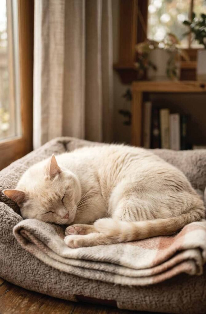 Fluffy cream cat sleeping peacefully on a plush pet bed, Earth sign cat personality Taurus Virgo Capricorn