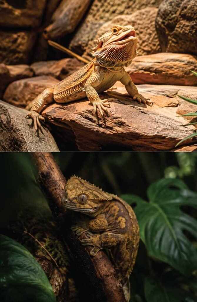 Bearded dragon basking in bright light above and a crested gecko resting in shade below, representing Ferguson Zone differences