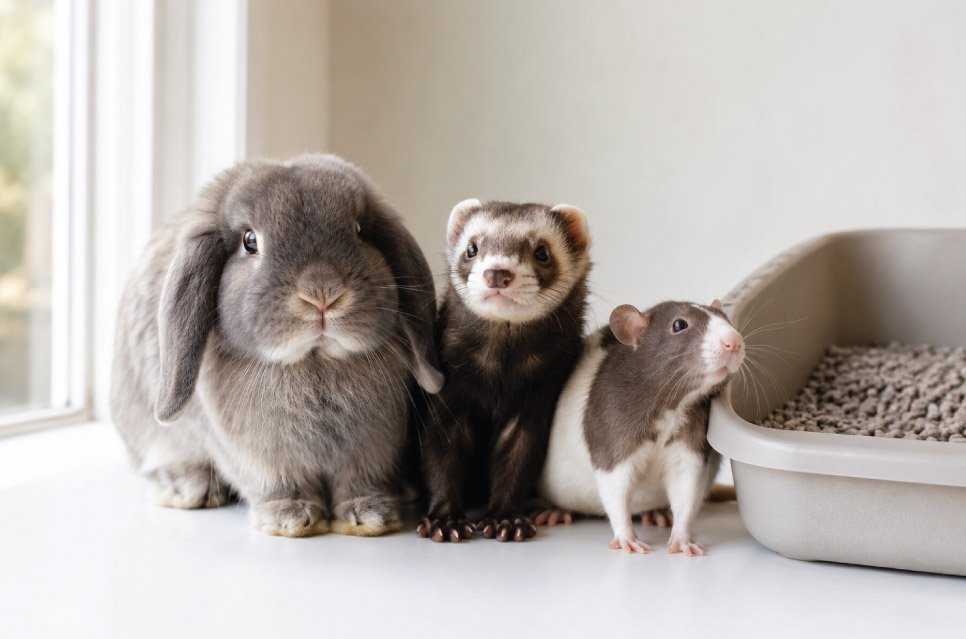 Rabbit, ferret, and rat sitting next to a litter box filled with paper pellets on a clean white surface