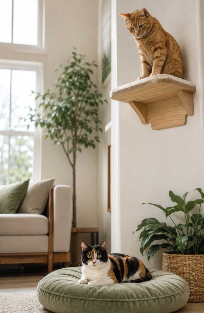 Two cats sharing a living room peacefully, managing multi-cat households with different feline personality types