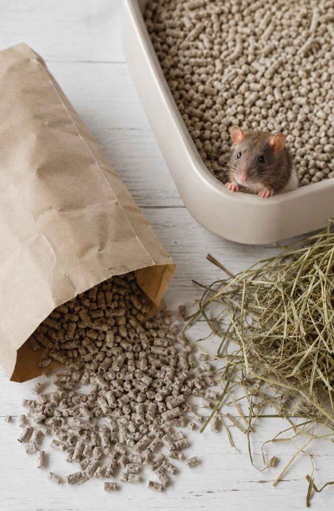 Close-up of paper pellet litter in a small pet litter pan next to a bag of unscented recycled paper bedding with a curious rat
