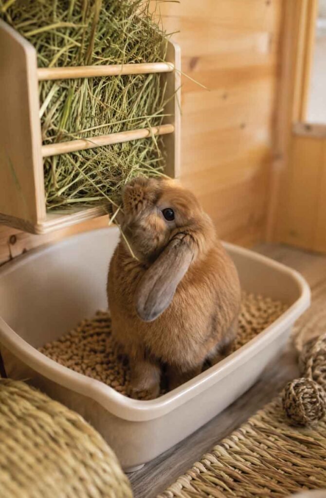 Holland Lop rabbit sitting inside a litter box pulling hay from a feeder mounted directly above it