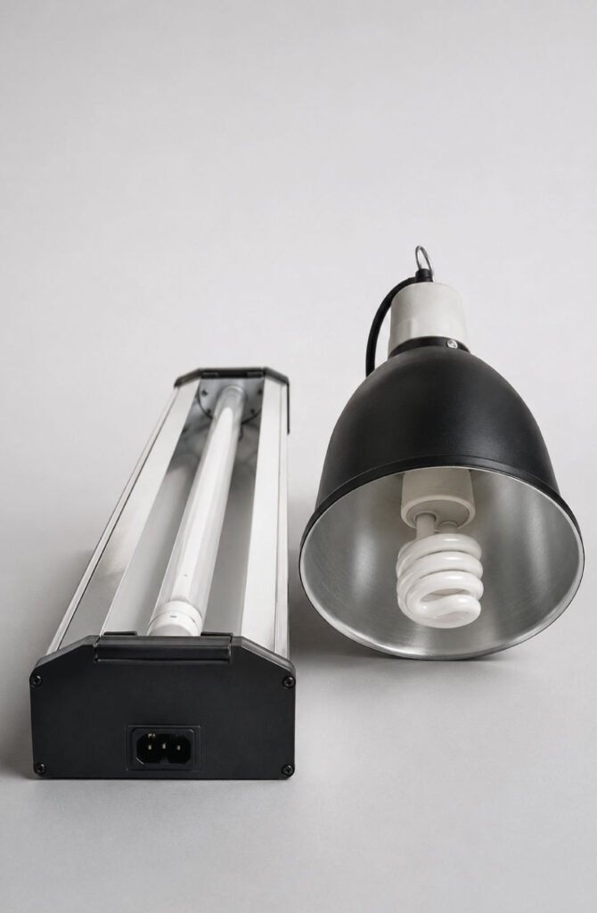 T5 linear UVB tube next to a compact coil bulb — comparing the two main reptile lighting options
