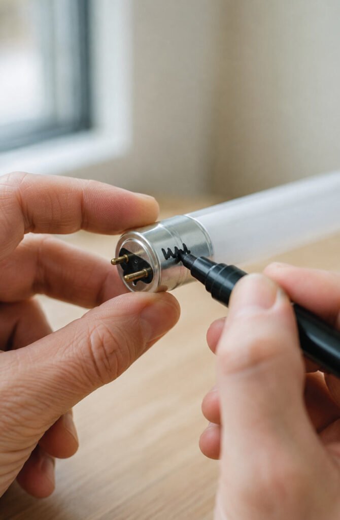 Hand writing the installation date on the metal end cap of a T5 UVB reptile bulb with a black marker