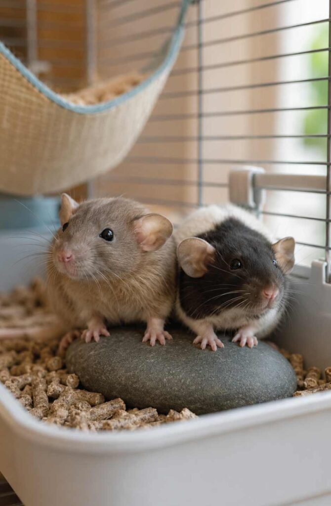 Two pet rats perched on a smooth river stone inside a litter pan clipped to cage bars