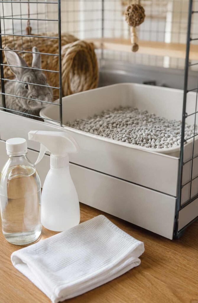 Clean small pet litter box next to a white vinegar spray bottle and cloth on a wooden surface with a rabbit in the background