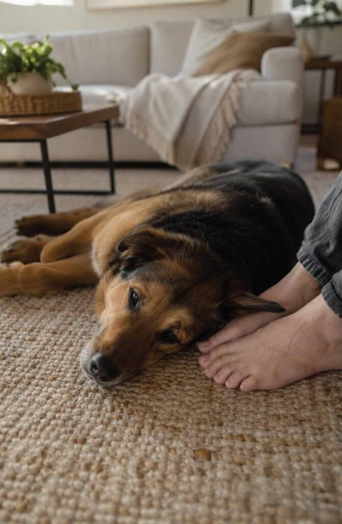 Rescue dog lying fully relaxed beside its owner after settling into its new home