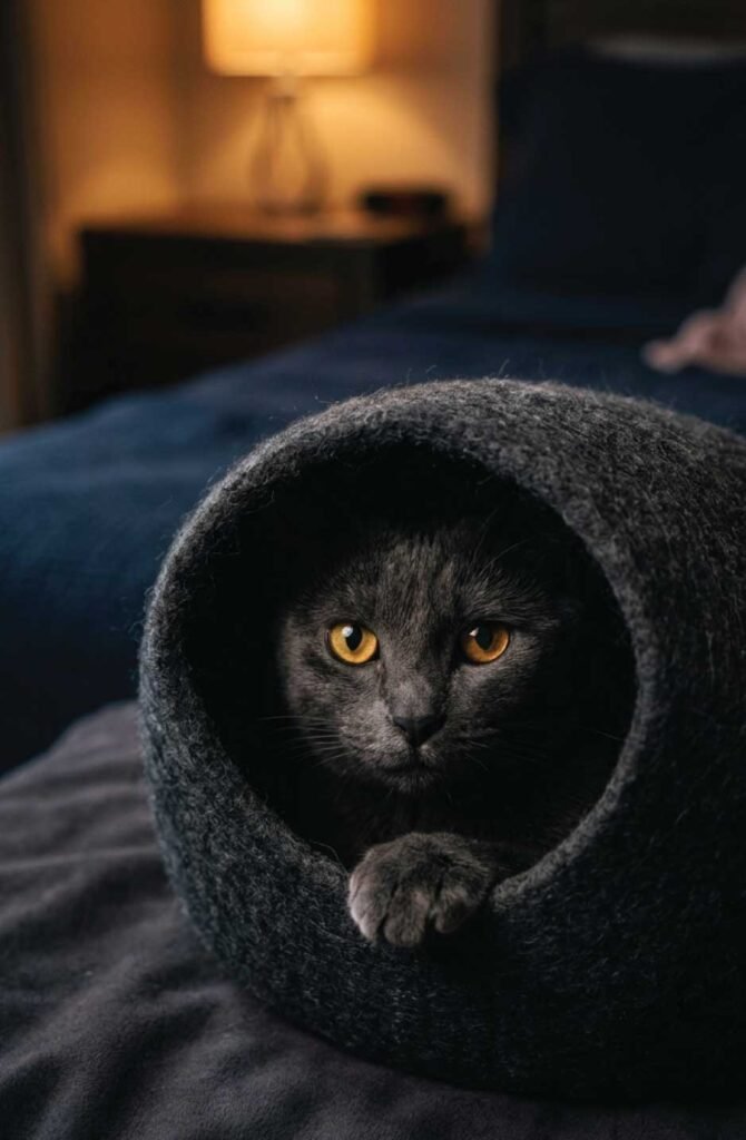 Dark grey cat with golden eyes peeking from an enclosed tunnel bed, Water sign cat personality Cancer Scorpio Pisces