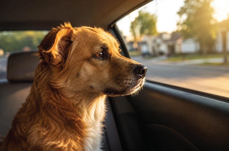 Rescue dog looking out a car window on the way to its new home