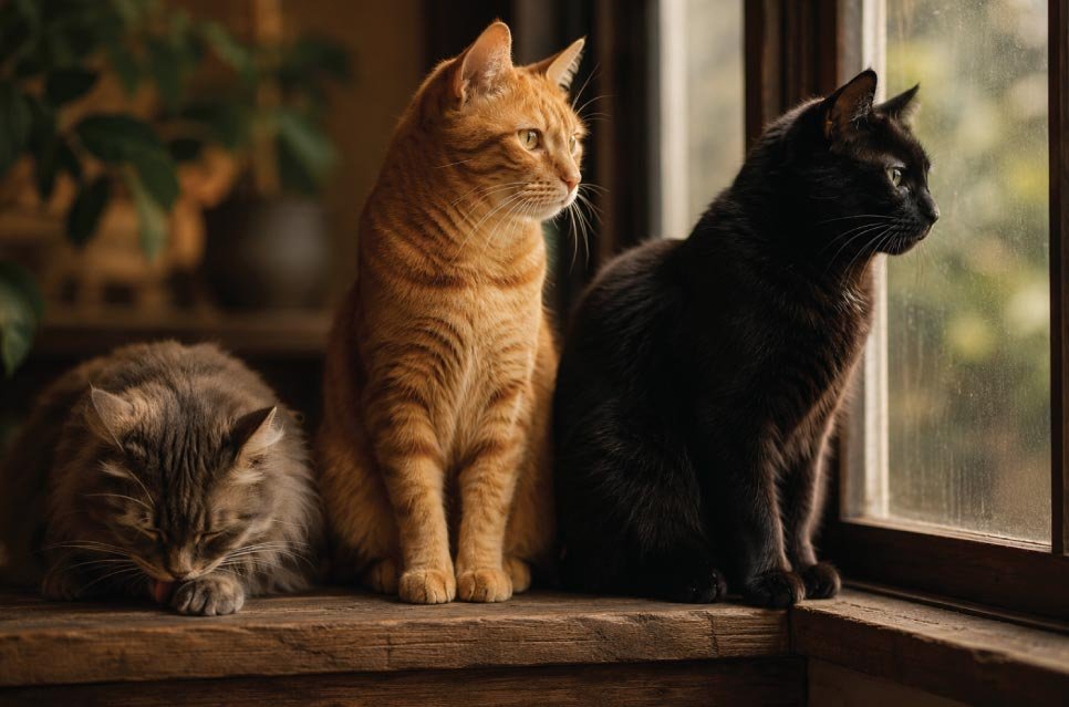 Three cats with different personalities sitting on a sunlit window ledge, cat zodiac signs and personality types