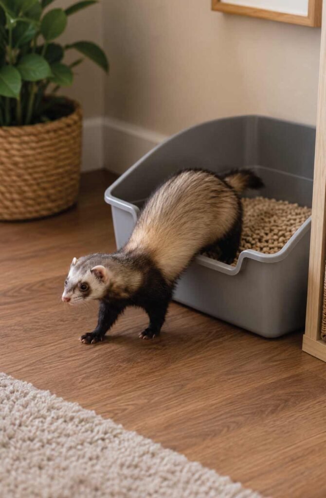 Sable ferret backing into a high-backed corner litter pan in a home play area