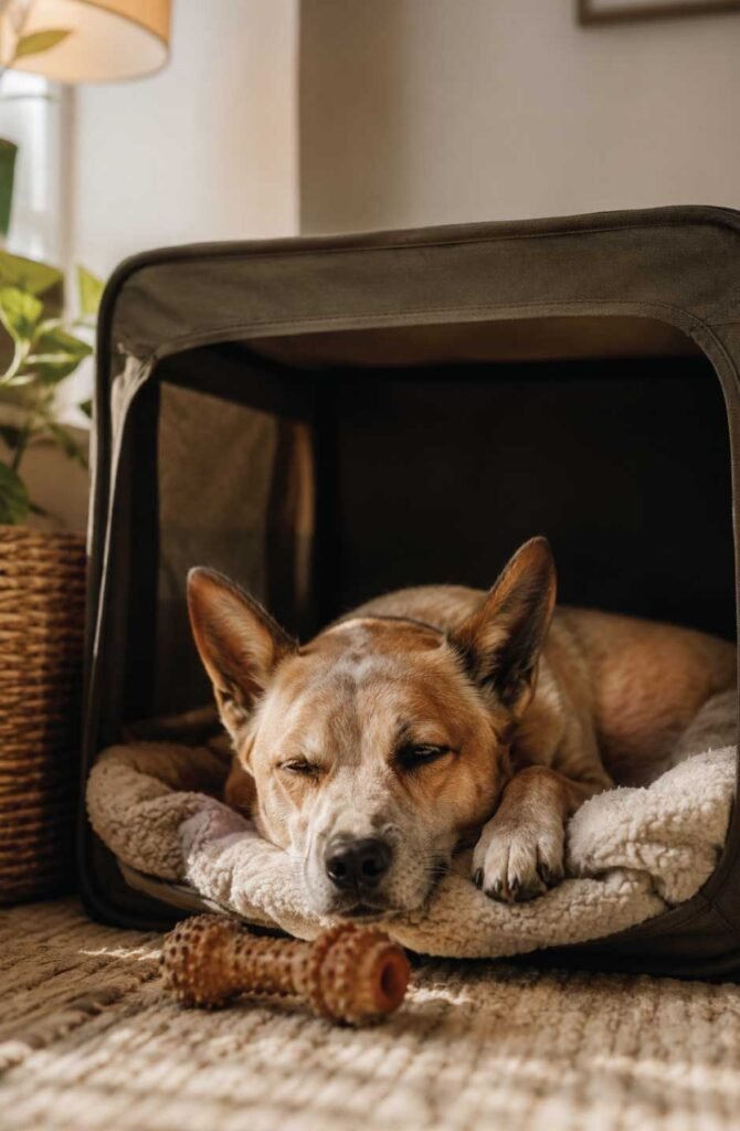 Rescue dog resting calmly inside a cozy covered crate in a home living room