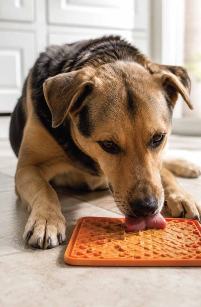 Rescue dog using a lick mat with peanut butter as mental enrichment at home