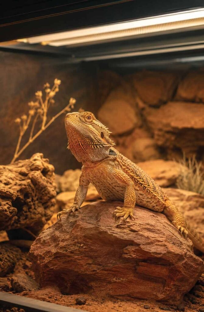 Healthy bearded dragon basking confidently in a well-set-up terrarium with a T5 UVB linear tube