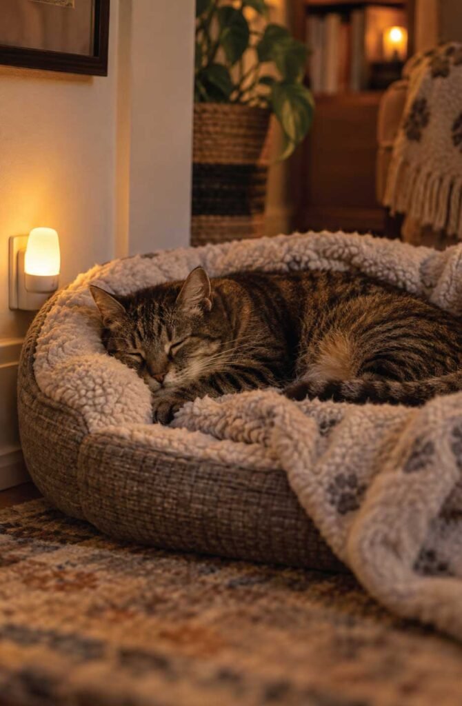 Senior tabby cat sleeping soundly on a heated orthopedic pet bed with a soft nightlight glowing nearby