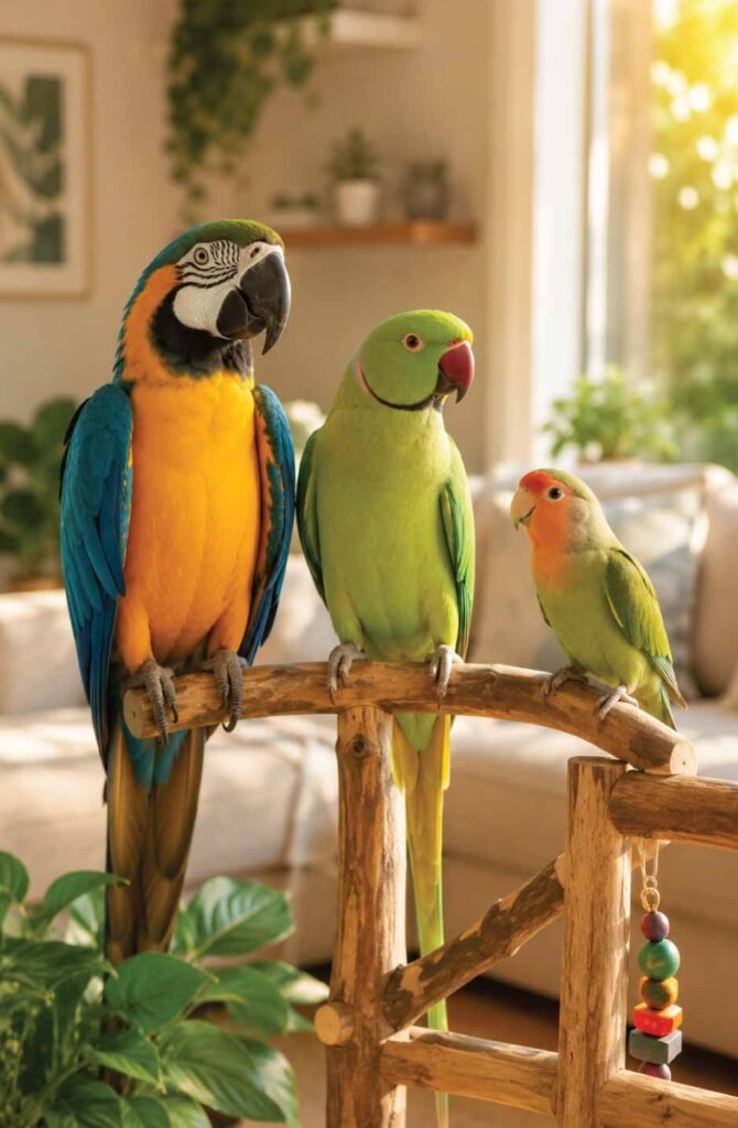 Blue and gold macaw, green parakeet, and lovebird perched together on a wooden play stand in a bright sunny living room