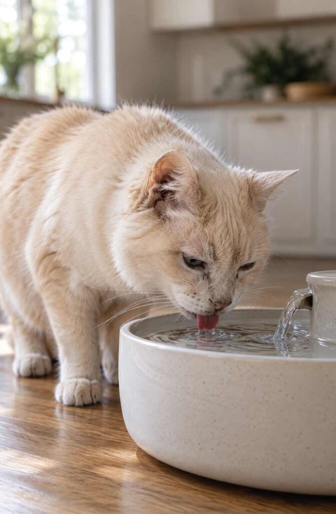 Senior cream cat drinking from a ceramic recirculating water fountain to stay hydrated