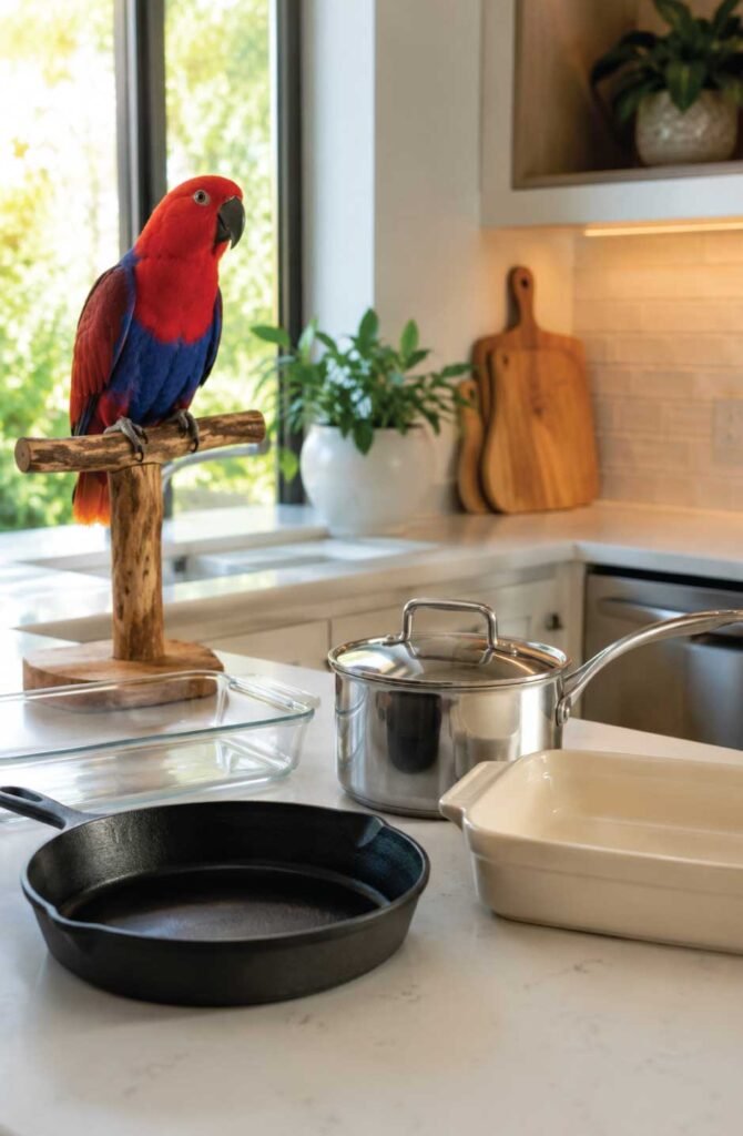 Cast iron skillet, stainless steel pan, ceramic dish, and glass bakeware on a kitchen counter with a colorful parrot nearby
