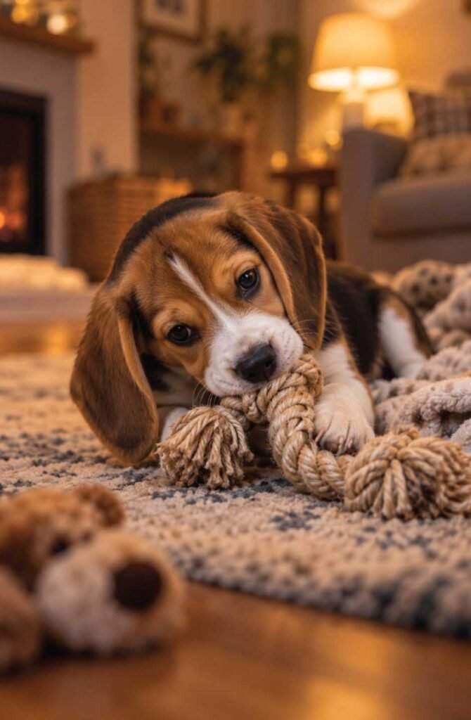 Beagle puppy chewing a rope toy on a living room rug in a calm warm evening setting as part of a bedtime routine