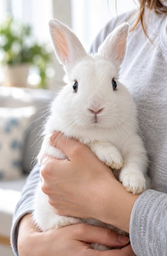 Close-up of a white rabbit's clear, bright eyes and clean dry nose during a small pet health check