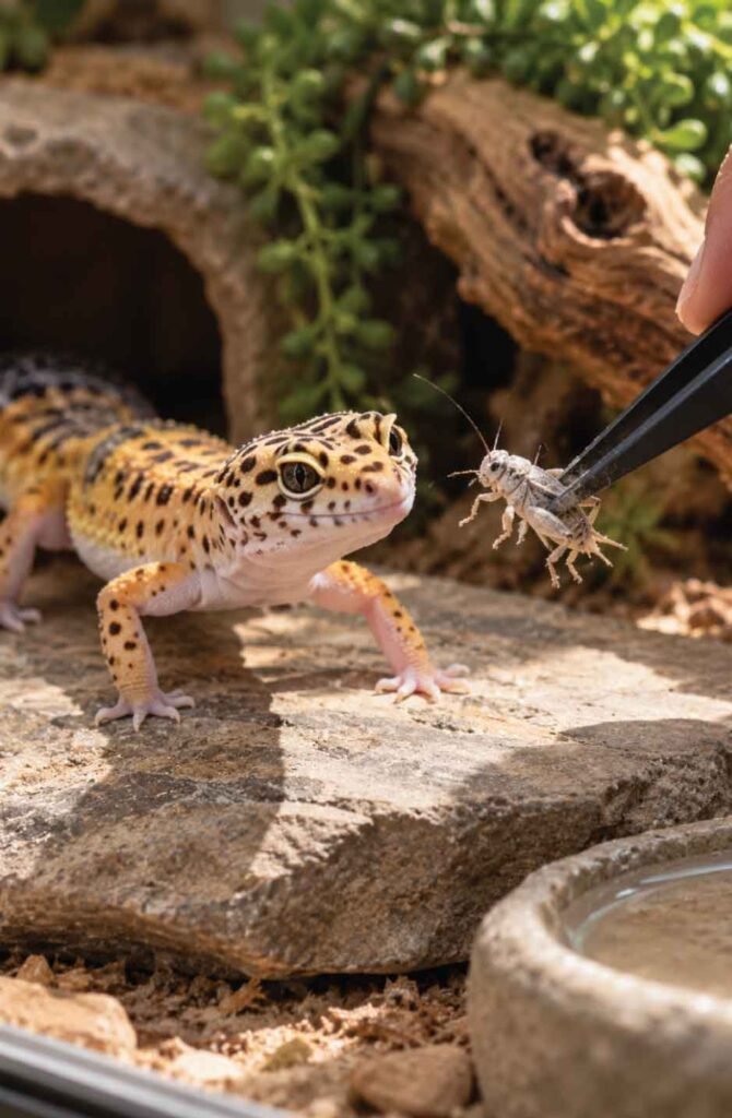 Leopard gecko being hand-fed a dusted feeder cricket with tongs inside a terrarium
