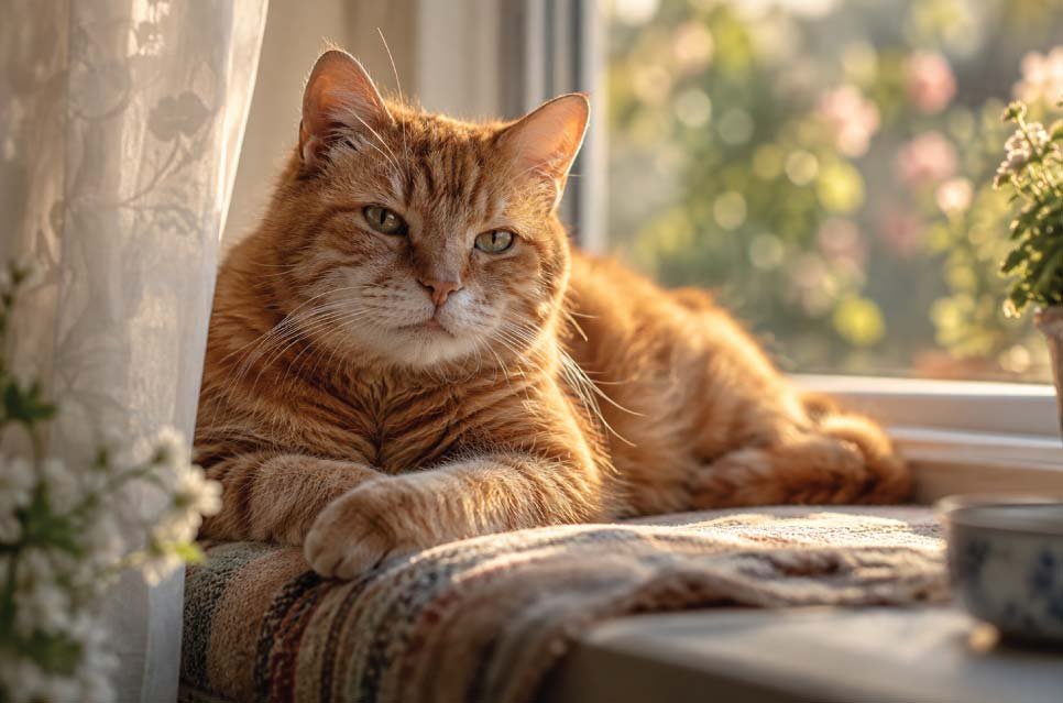 Senior tabby cat resting peacefully on a sunlit window ledge showing signs of aging with gray muzzle