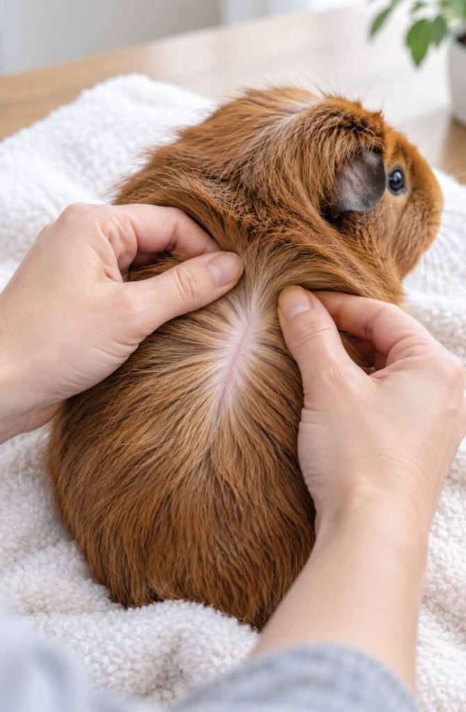 Person parting a guinea pig's fur along its back to inspect the skin during a weekly health check