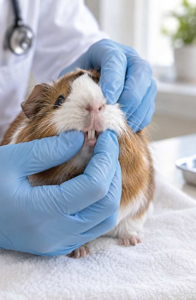 Veterinarian checking a guinea pig's incisor teeth during a dental health inspection