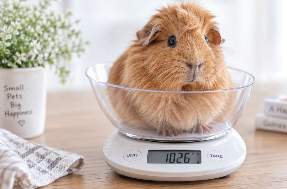 Guinea pig being weighed on a digital kitchen scale during a weekly small pet health check at home
