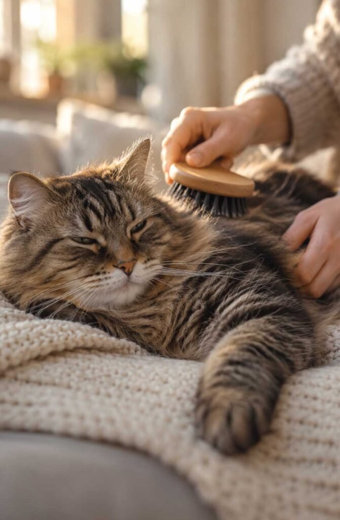 Person gently grooming a senior tabby cat with a soft brush while the cat rests on a cozy blanket