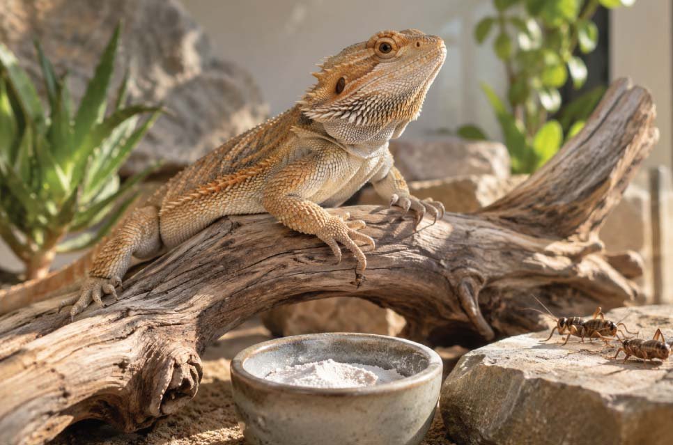 Bearded dragon with feeder crickets and calcium dusting powder in a bright terrarium