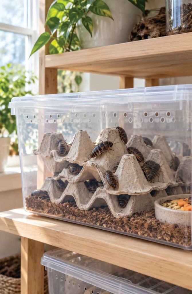 Organized feeder insect storage bin with ventilation and cardboard egg crate dividers