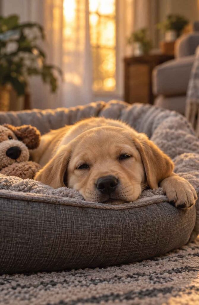Tired labrador puppy resting on a grey dog bed with a plush toy, eyes half closed in a cozy home setting