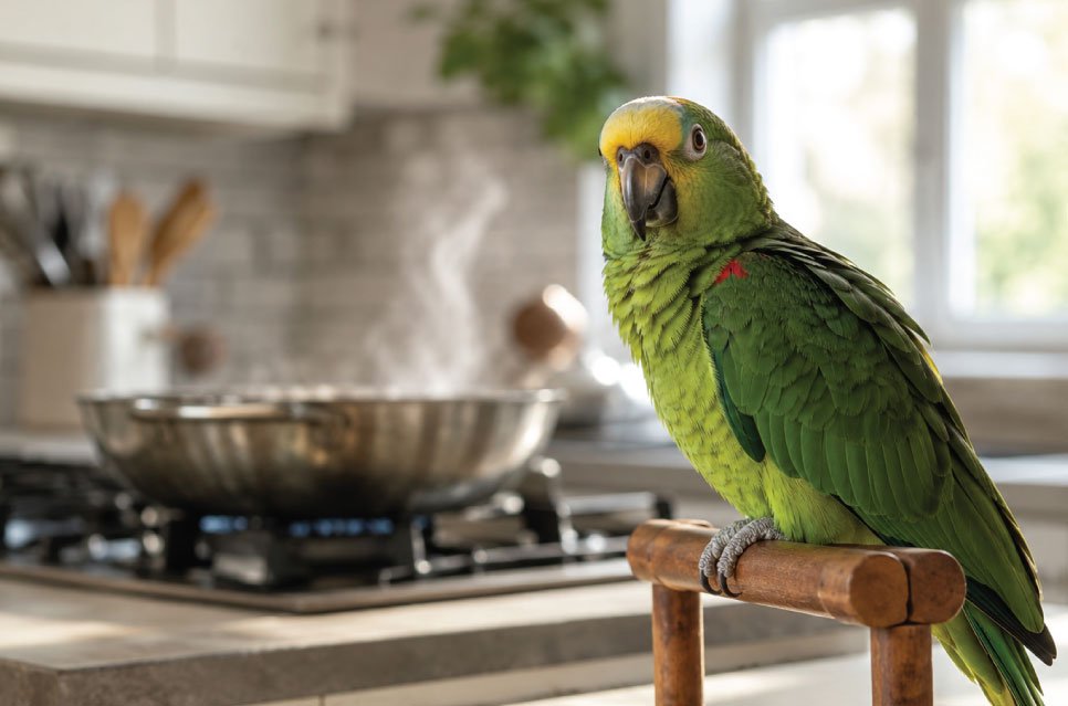 Green parrot perched on a stand in a bright modern kitchen next to a stainless steel pan on a stove