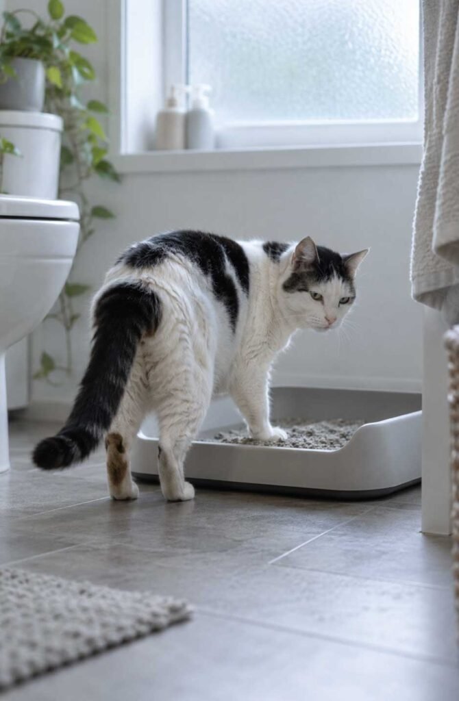 Senior black and white cat easily entering a low-sided open litter tray designed for older cats