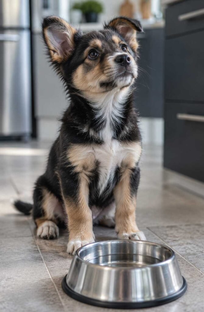 Small puppy sitting in front of a water bowl in a kitchen, attentively looking up, checking basic puppy needs