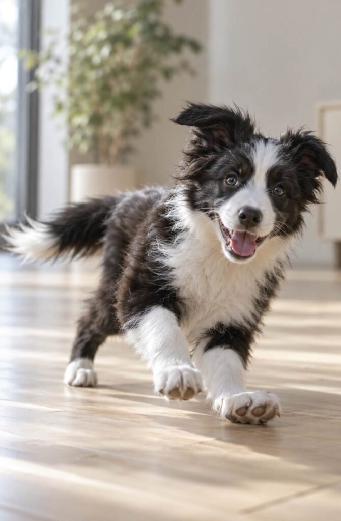 Border collie puppy doing zoomies on a hardwood floor, happy posture and open mouth showing playful energy
