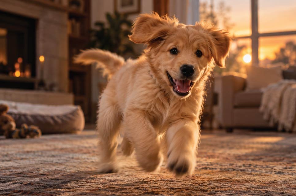 Golden retriever puppy running wild during the puppy witching hour in a cozy living room at dusk