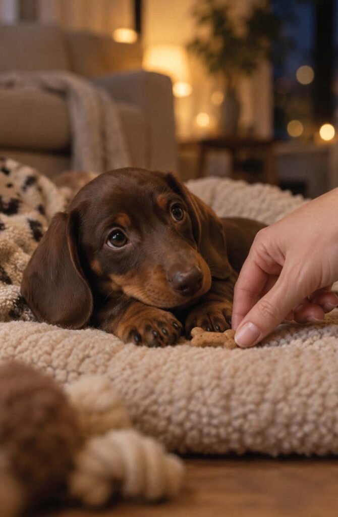 Hand rewarding a calm dachshund puppy resting on a mat with a small treat, reinforcing calm behavior