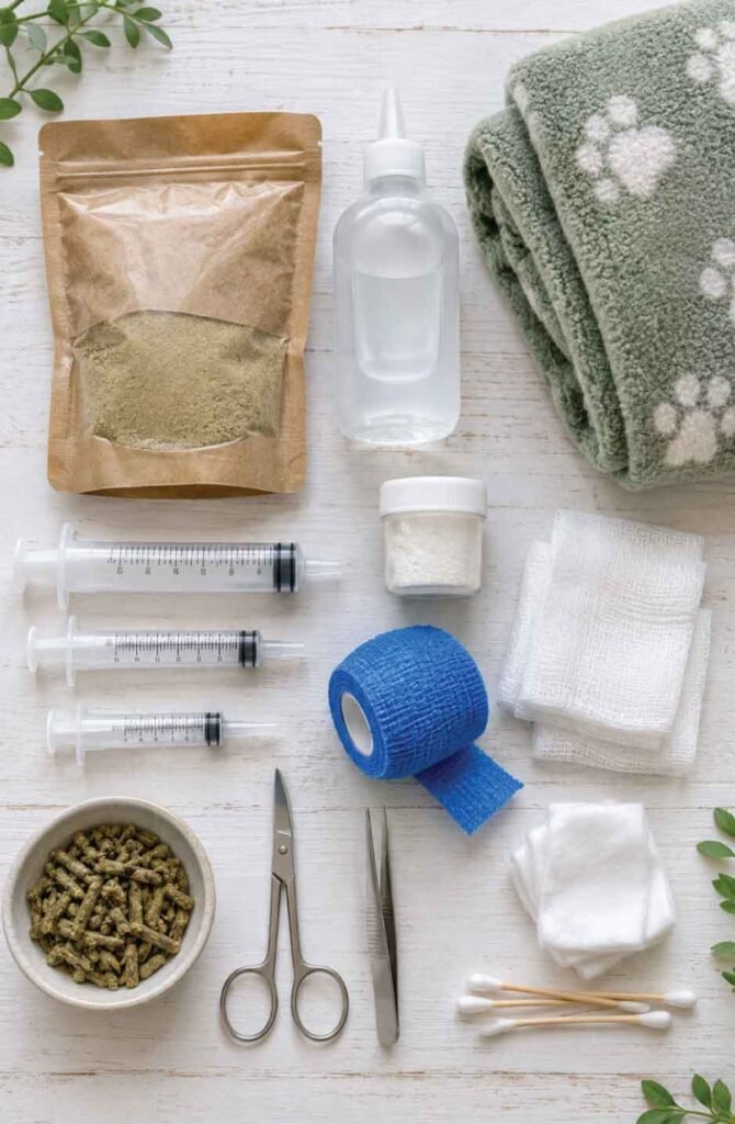 Small pet first aid kit flat lay with syringes, recovery food powder, saline, vet wrap, and gauze