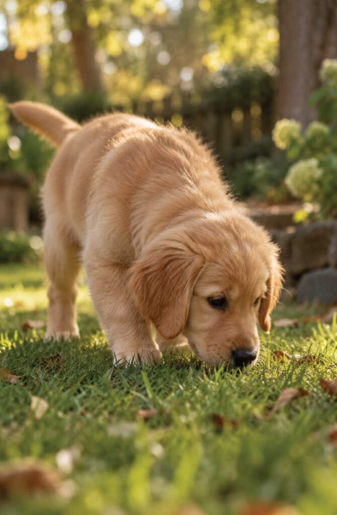 Golden retriever puppy calmly sniffing grass in a backyard at late afternoon, low-arousal enrichment activity