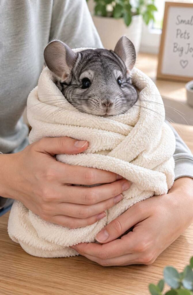 Chinchilla wrapped snugly in a fleece towel using the burrito wrap technique for safe pet handling
